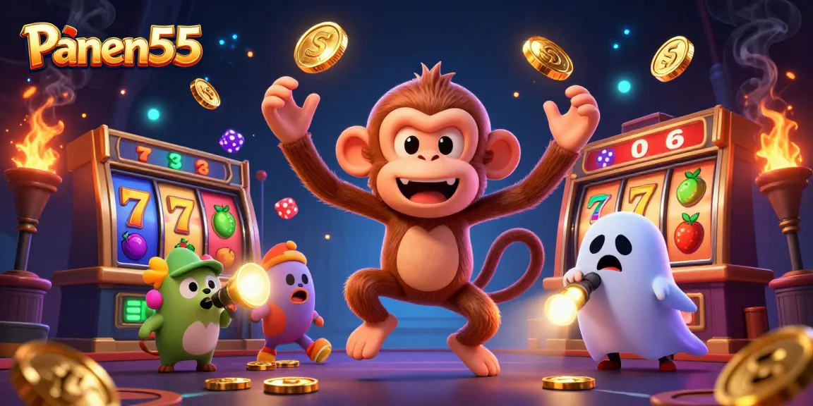 Engage with Panen55's haunted casino universe as playful characters juggle winnings.