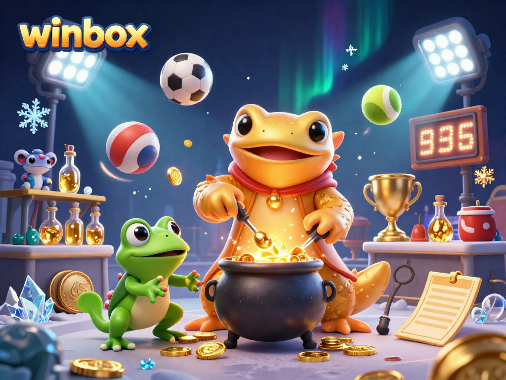 Winbox players enjoy thrilling games in a vibrant casino scene with dynamic sports elements.