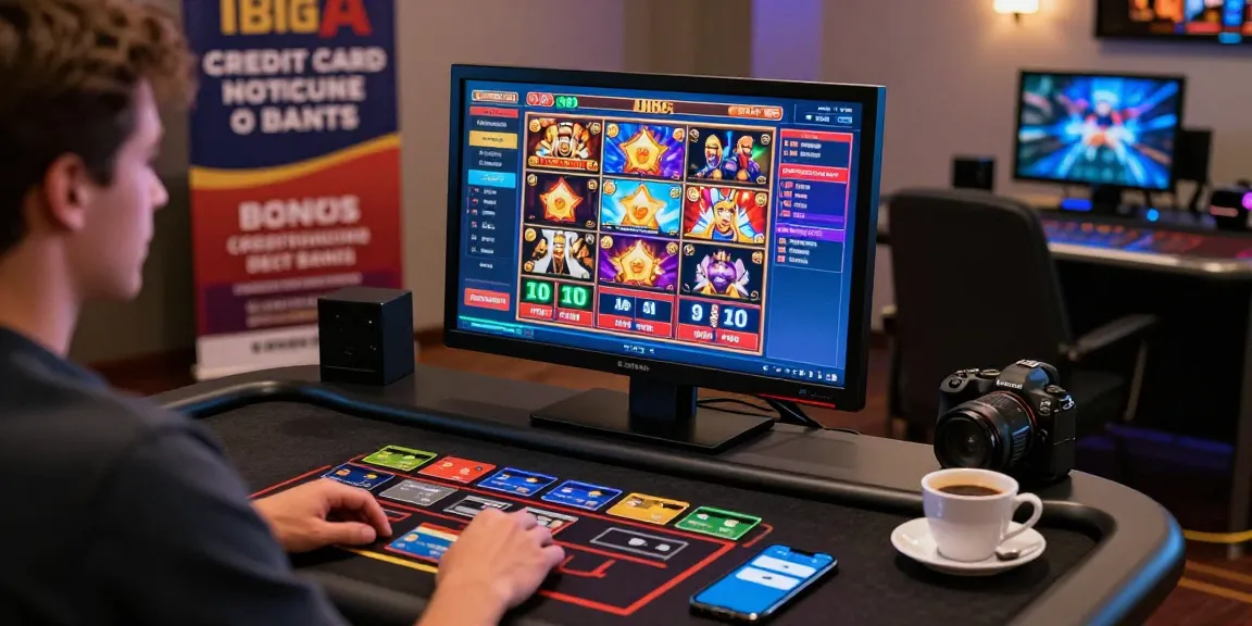 Explore top credit card casinos at mhfe.org.uk with a player engaging in vibrant online gaming, showcasing deposit options and an inviting atmosphere.