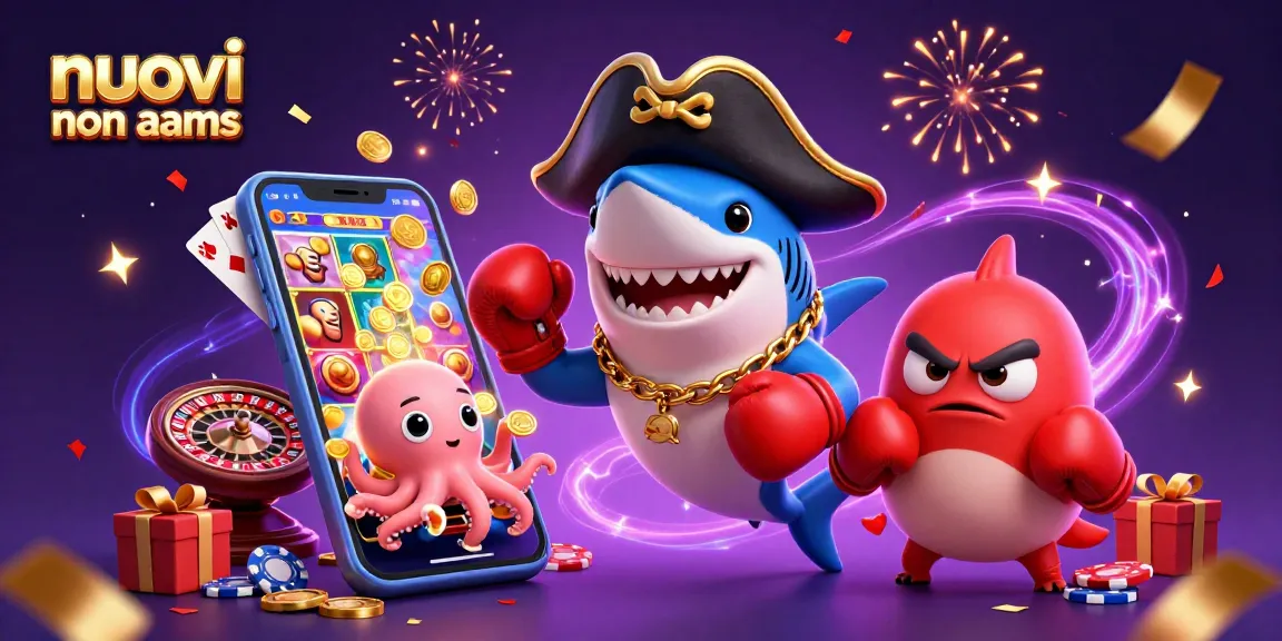 Interagisci con nuovi casino non aams in una divertente scena 3D con uno squalo, un pesce palla e un polpo con elementi di gioco da casino.