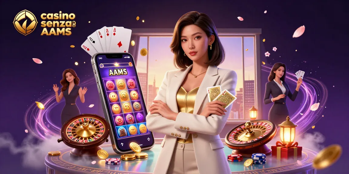 Vivi l'emozione dei casino senza AAMS con una donna asiatica glamorosa che tiene in mano delle carte da gioco in un vivace ambiente 3D.