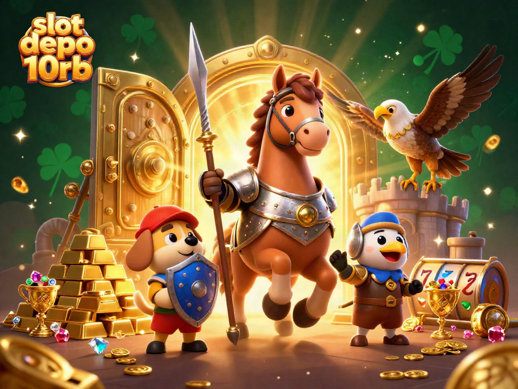 Engage in thrilling gameplay with slot depo 10rb, amidst a treasure-filled 3D casino scene.