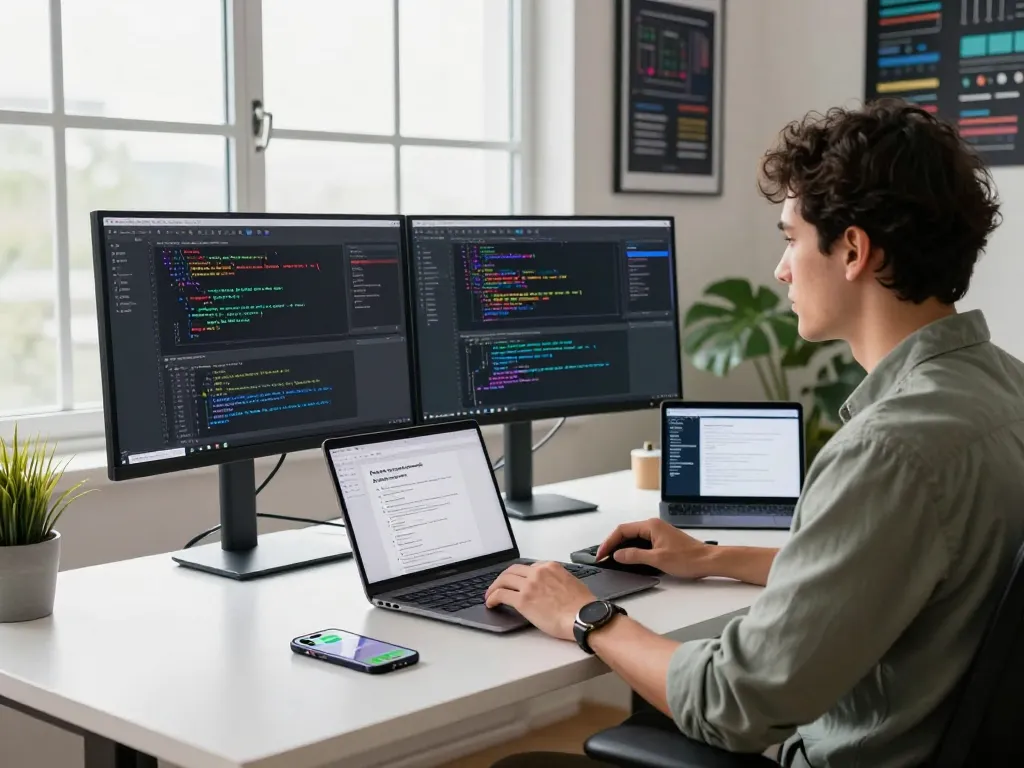 Developer using OpenClaw in a modern tech workspace with dual monitors and innovative tools.