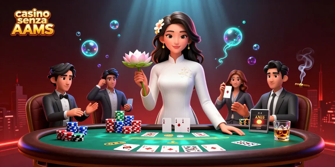 Una scena coinvolgente che rappresenta un'esperienza in un casino senza AAMS con un'elegante donna asiatica e vibranti elementi del poker.