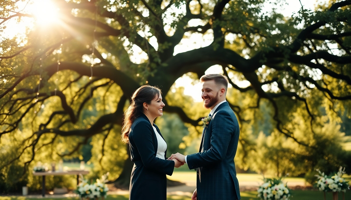 Capture the essence of wedding photography with a couple exchanging vows amidst a lush outdoor setting.