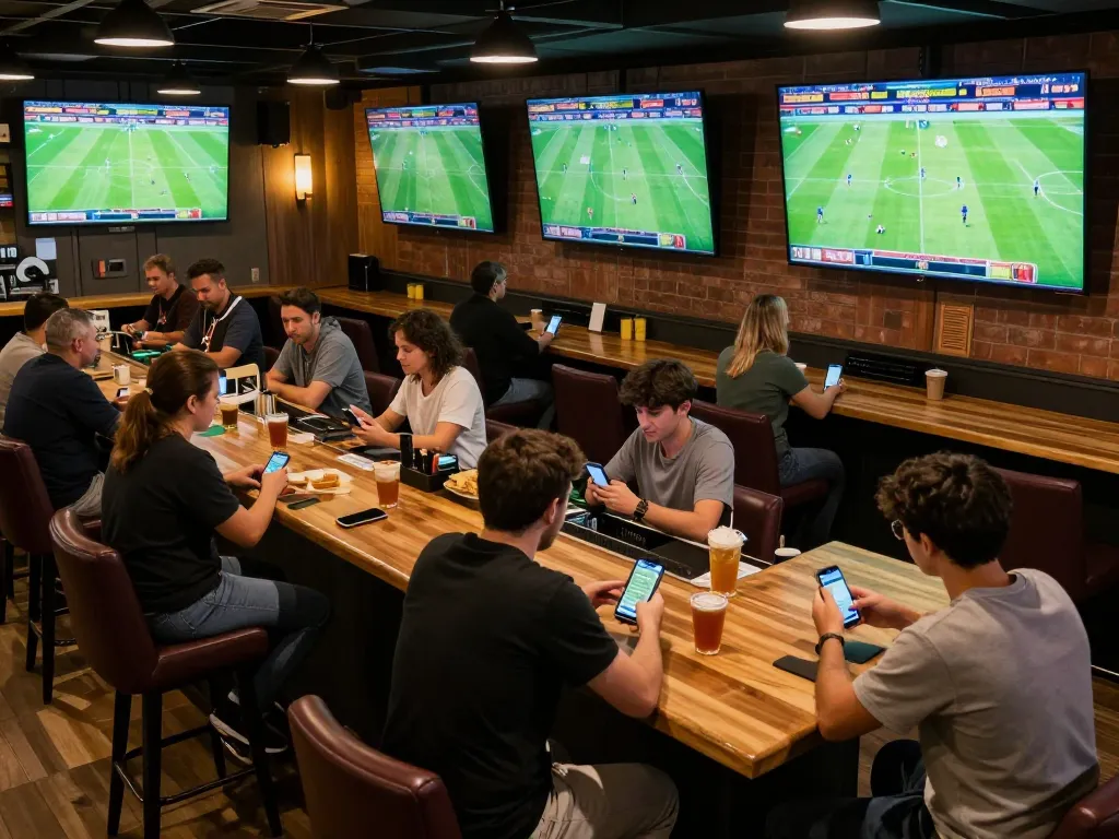 Sports betting with active patrons using smartphones for trang cá cược bóng đá in a lively sports bar