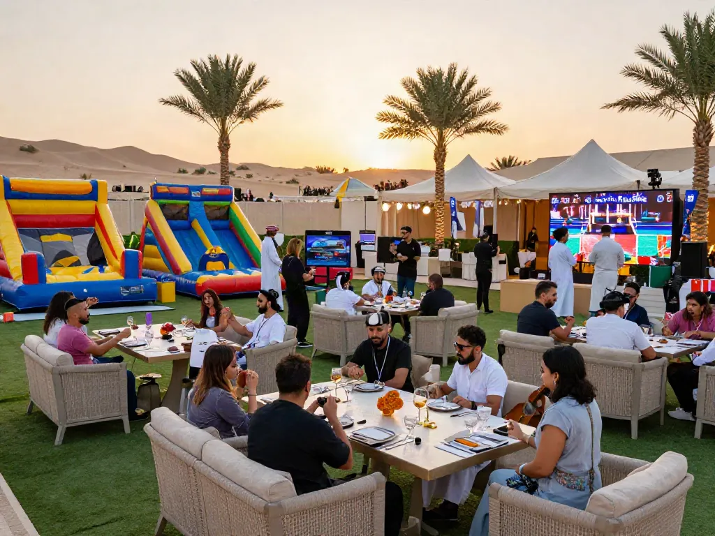 Event rentals showcasing a lively outdoor event setup in Saudi Arabia with tents, luxury furnishings, and entertainment attractions.