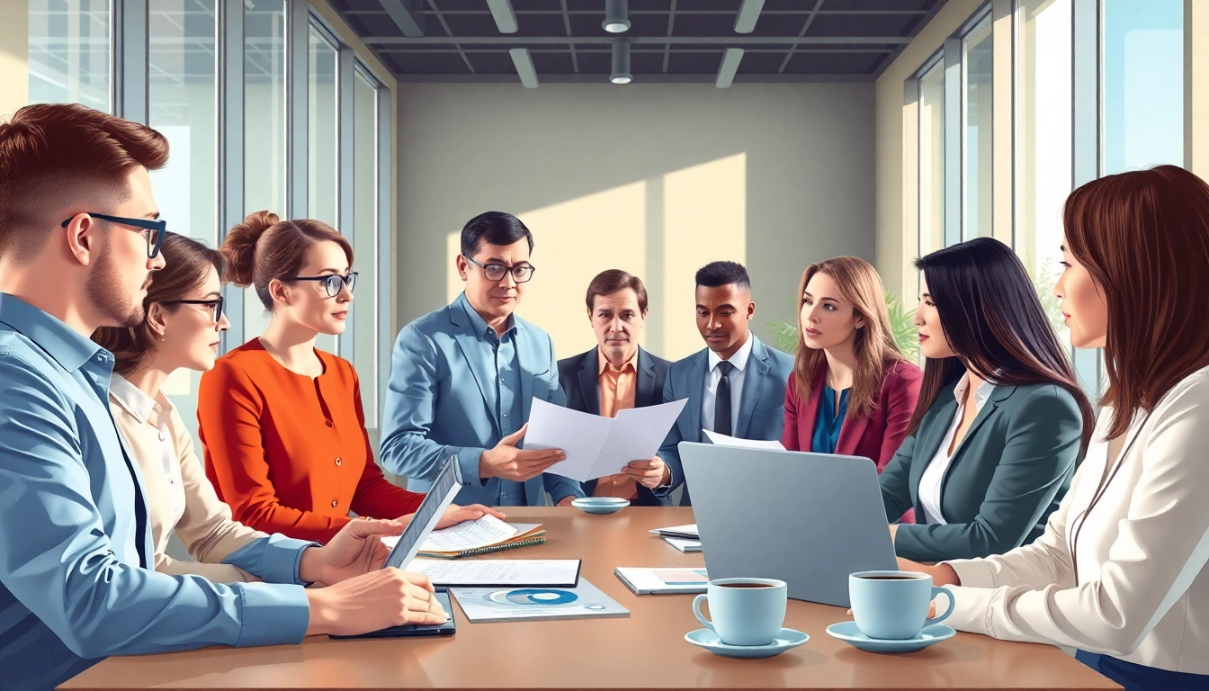 Engaging scene of professionals in Contract Management. meeting, discussing best practices.