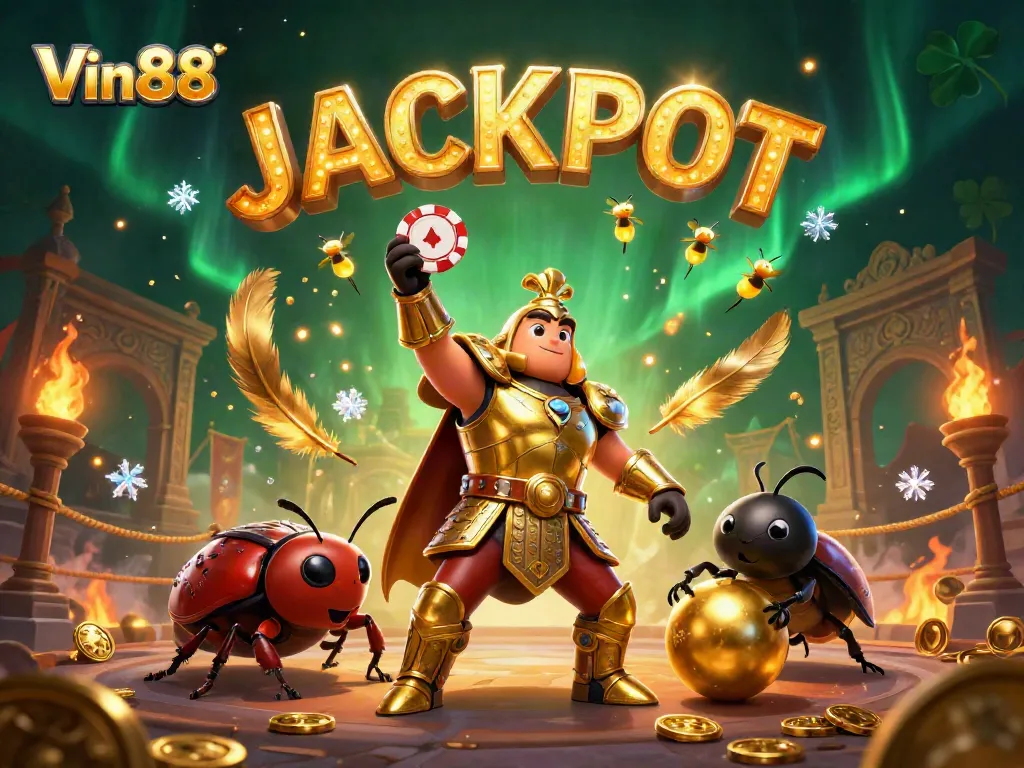 Win big with Vin88 in this 3D cartoon illustration of a gladiator beetle and jackpot celebration.