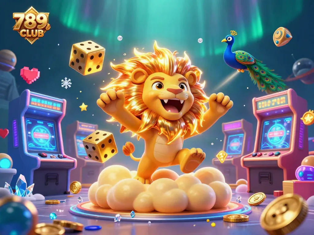 Play exciting games at 789CLUB as the golden lion roars amidst vibrant arcade machines.