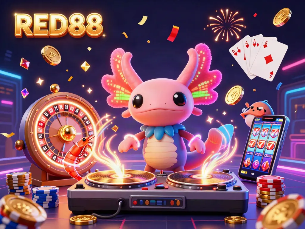 Engage with RED88's vibrant atmosphere featuring a neon axolotl DJ and festive casino elements.