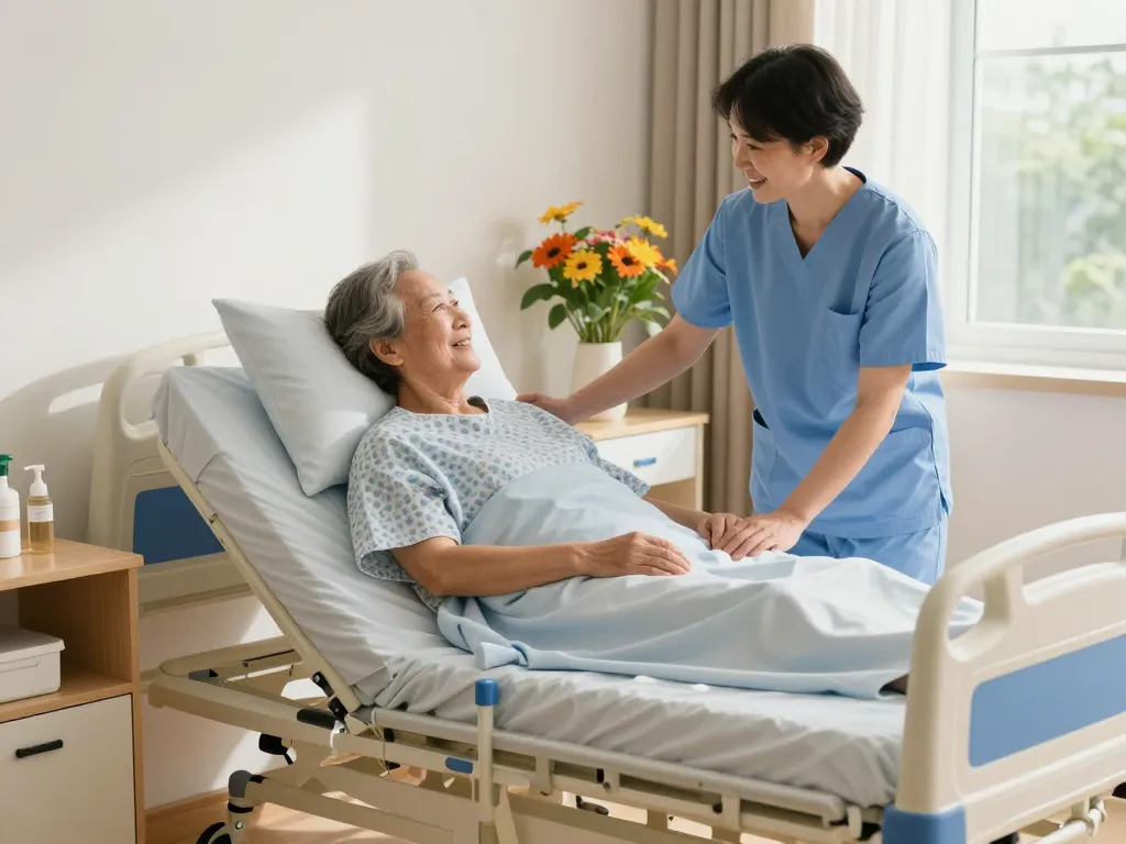 Comfortable giường bệnh nhân in a cozy bedroom, caregiver assisting elderly patient