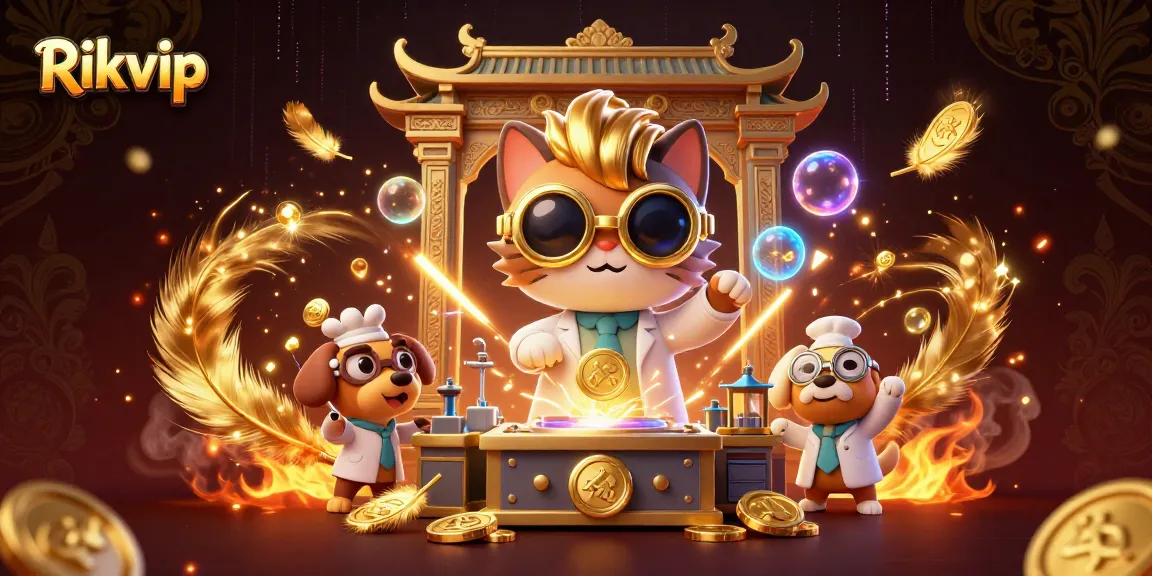 Spin and win with Rikvip's exhilarating gaming experience amidst golden coins and exciting rewards.