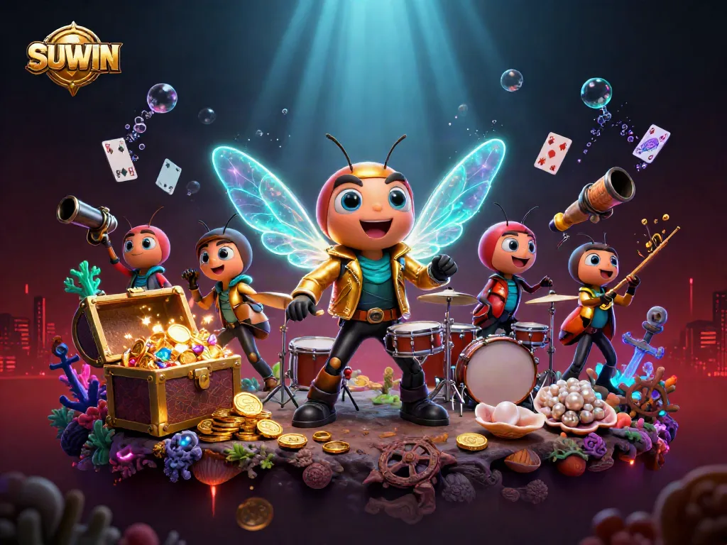 Suwin captivates players with a vibrant 3D casino scene featuring a charismatic rock star cicada and lively game elements.