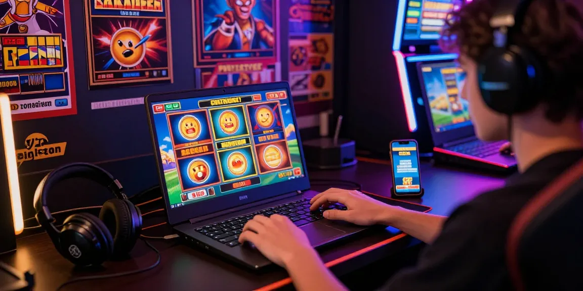 Player enjoying slot gacor gameplay on a laptop, vibrant gaming setup in action.