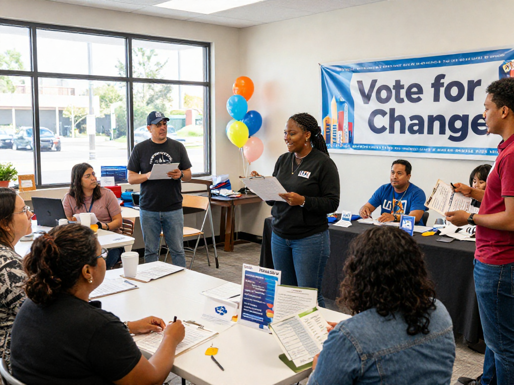 Vibrant community center scene capturing a political campaign manager discussing donor email outreach strategies with engaged voters.
