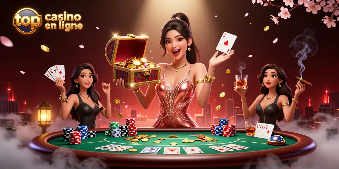 Femme asiatique enthousiaste montrant des trésors dans une scène de top casino en ligne avec des éléments de poker.
