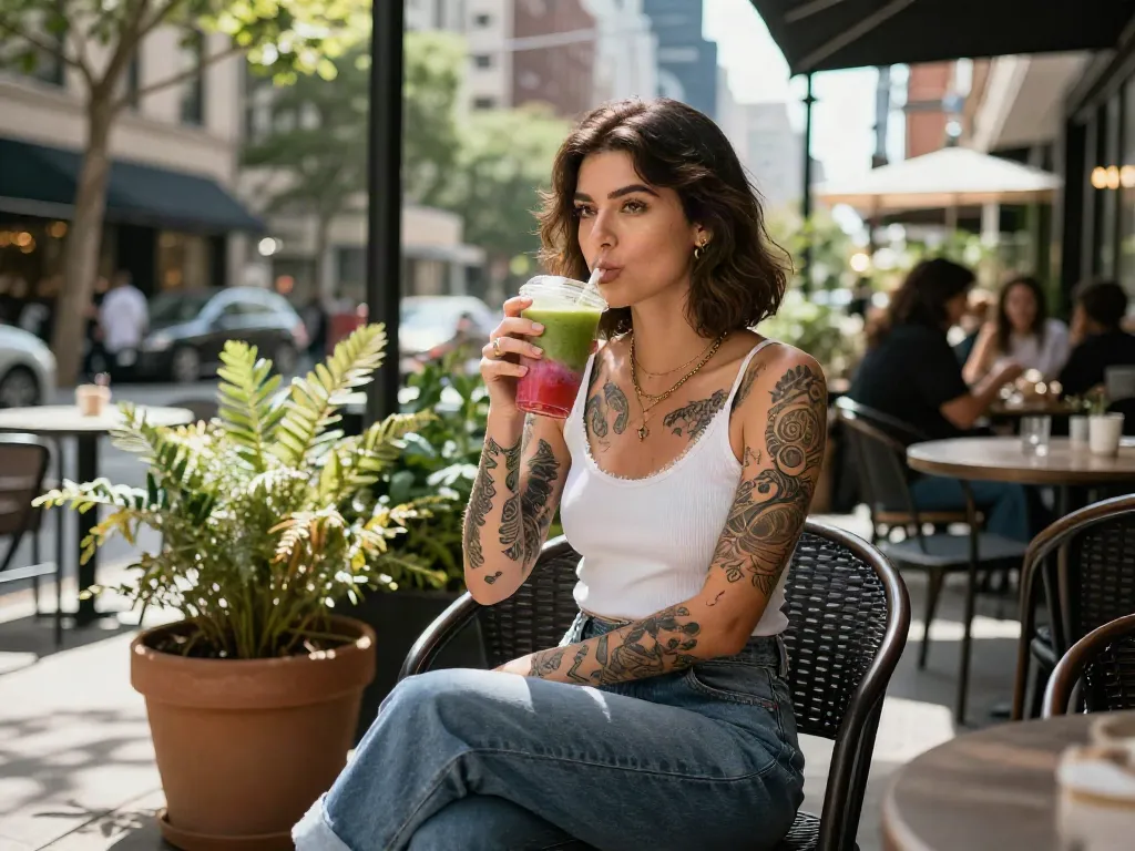 Cece Rose nude style captured in trendy urban café scene.