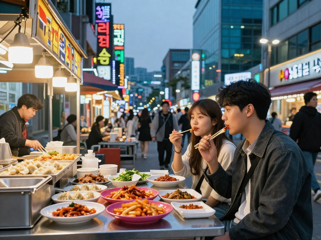 강남 달토에서의 활기찬 거리 음식 경험, 맛있는 떡볶이와 만두를 즐기는 커플