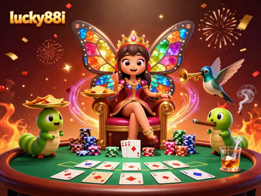 Experience vibrant gameplay at lucky88i with a butterfly queen amidst a festive casino atmosphere.