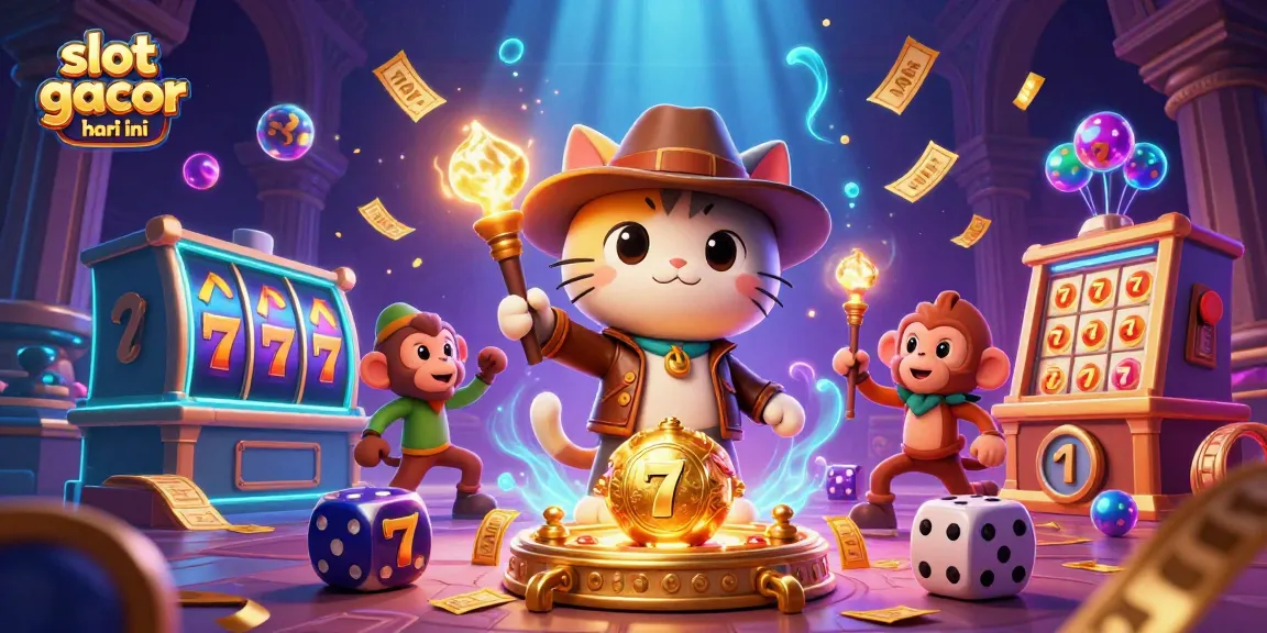 Spin to win with slot gacor hari ini: Adventurous cat and monkey in a vibrant casino scene.