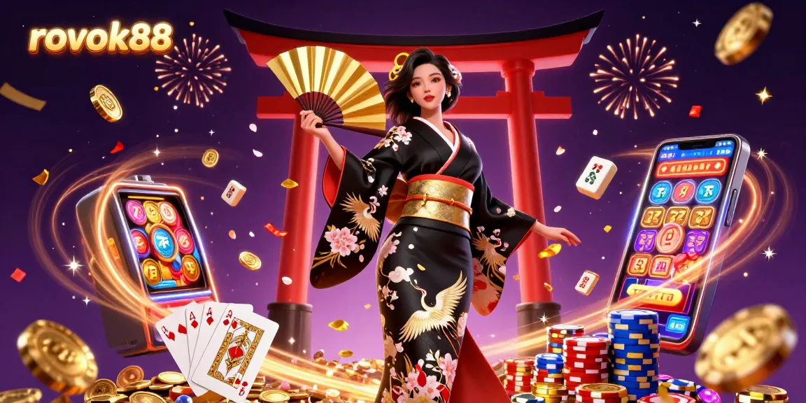 Engage with rokok88's vibrant casino experience, showcasing a beautiful Asian woman with rich gaming elements.
