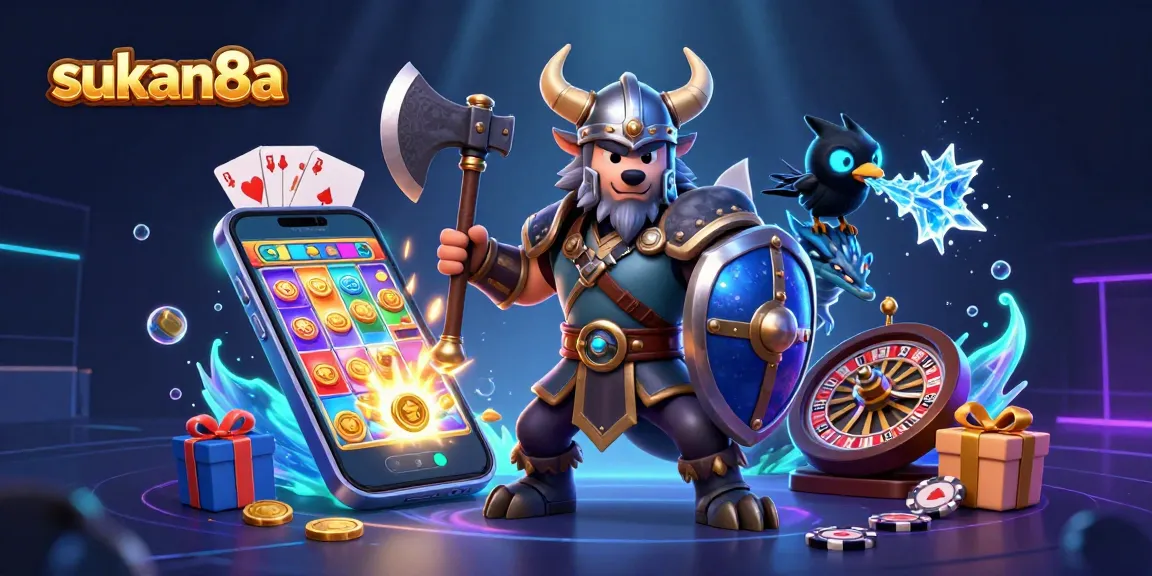 Sukan8a enhances gaming excitement with a Viking wolf warrior and a fierce dragon amidst vibrant casino elements.