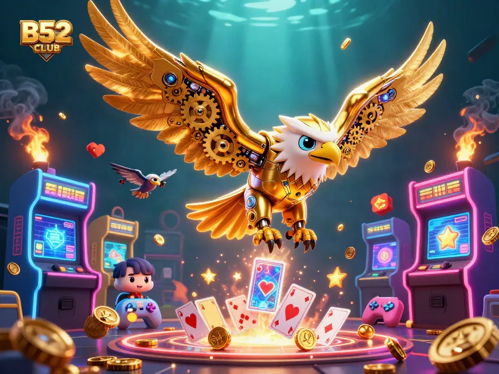 B52CLUB offers thrilling gaming experiences with a 3D cybernetic eagle amidst vibrant casino elements.
