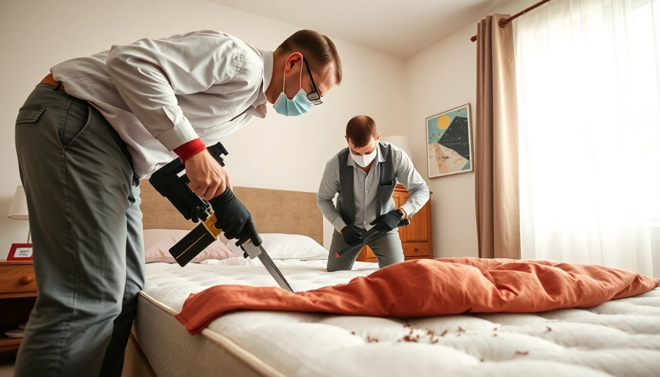Local bed bug exterminators performing an inspection of a bedroom for effective pest control.