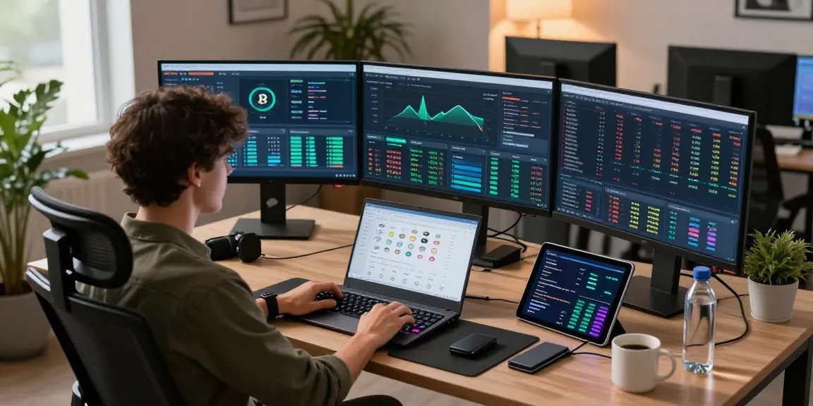 Crypto mining service workspace with blockchain analytics and trading tools in a modern tech office.