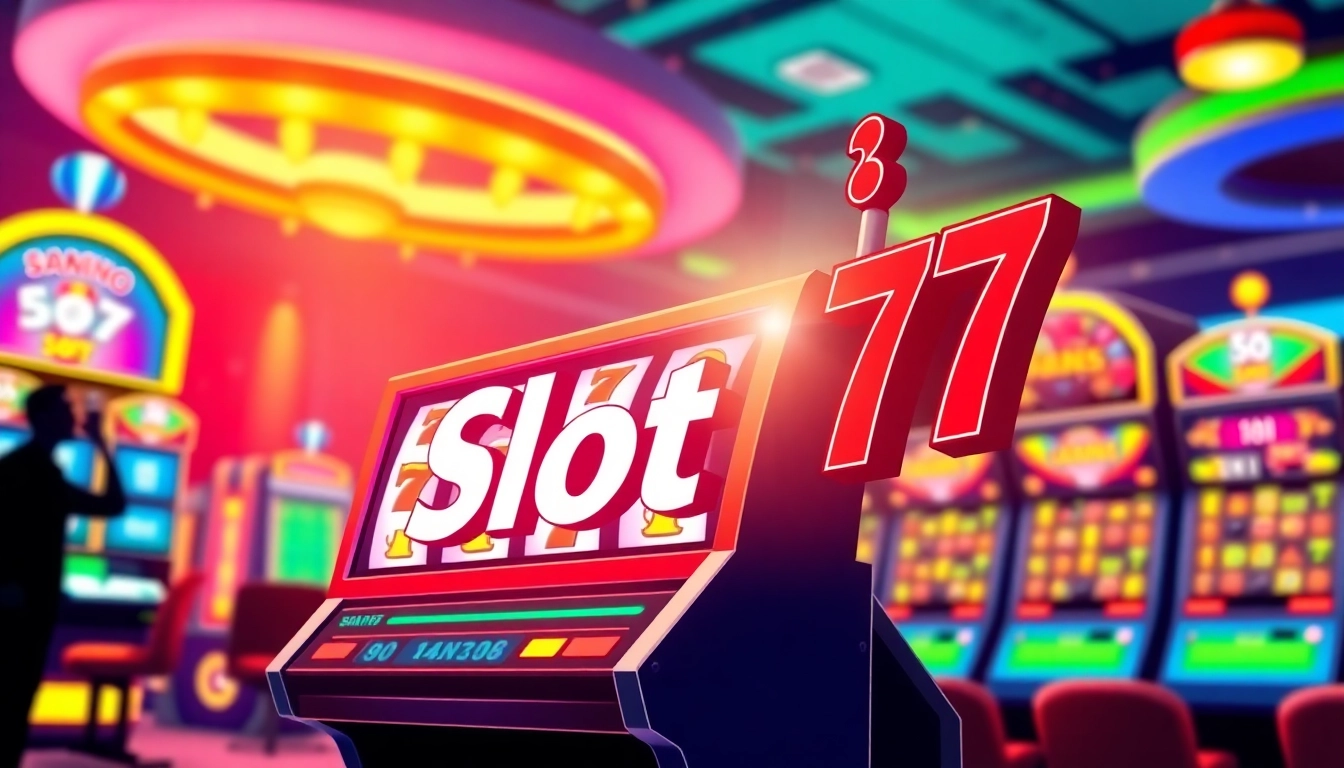 Mainkan Slot77 dengan mesin slot yang cerah dan penuh warna di tengah kasino.