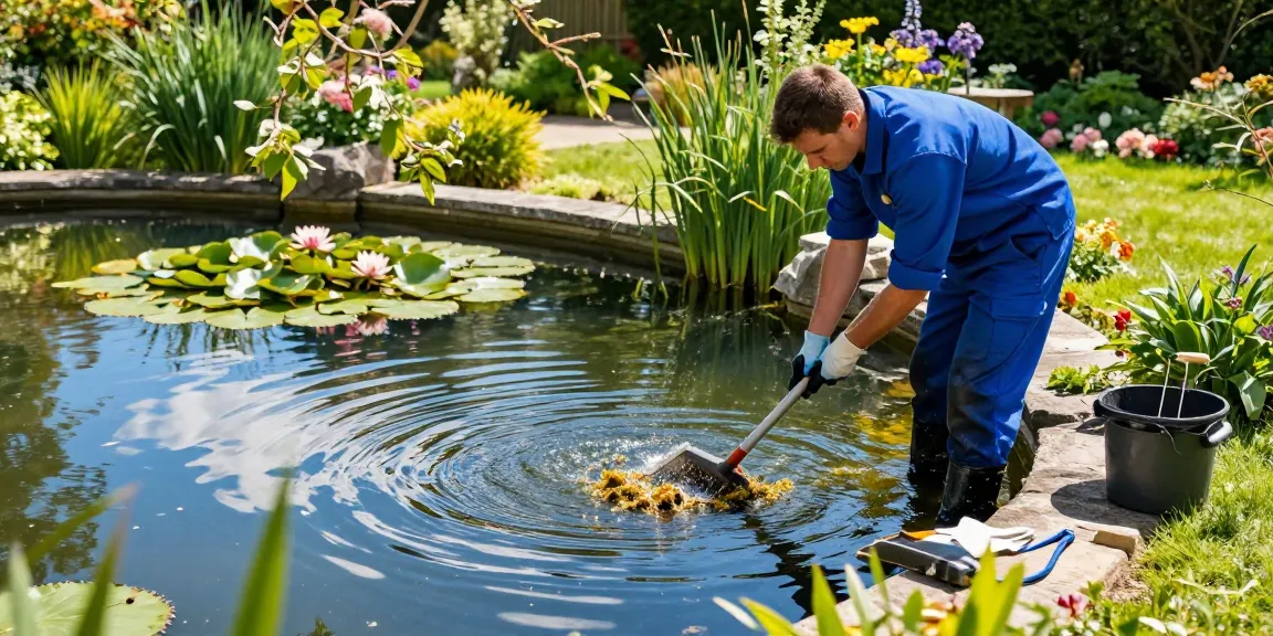 Professional Pond Cleaning Sussex expert removing algae and debris from a vibrant garden pond.