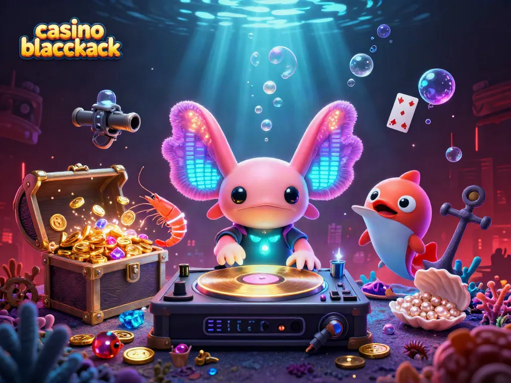 Gana en el casino blackjack mientras disfrutas de una ilustración vibrante de axolotles y criaturas marinas.