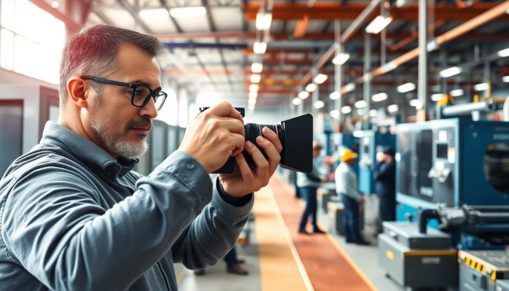 Fotografo Industriale che scatta in una fabbrica con attrezzature moderne.