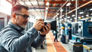 Fotografo Industriale che scatta in una fabbrica con attrezzature moderne.
