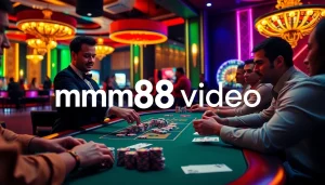 Experience mm88 video with an exciting poker game at a bustling casino table, complete with cards and chips.