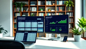 Engaging view of an office workspace with a powerful smm reseller panel interface on monitors.