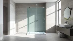 Admire la paroi de douche 150x200 en verre transparent, idéale pour salle de bains modernes.