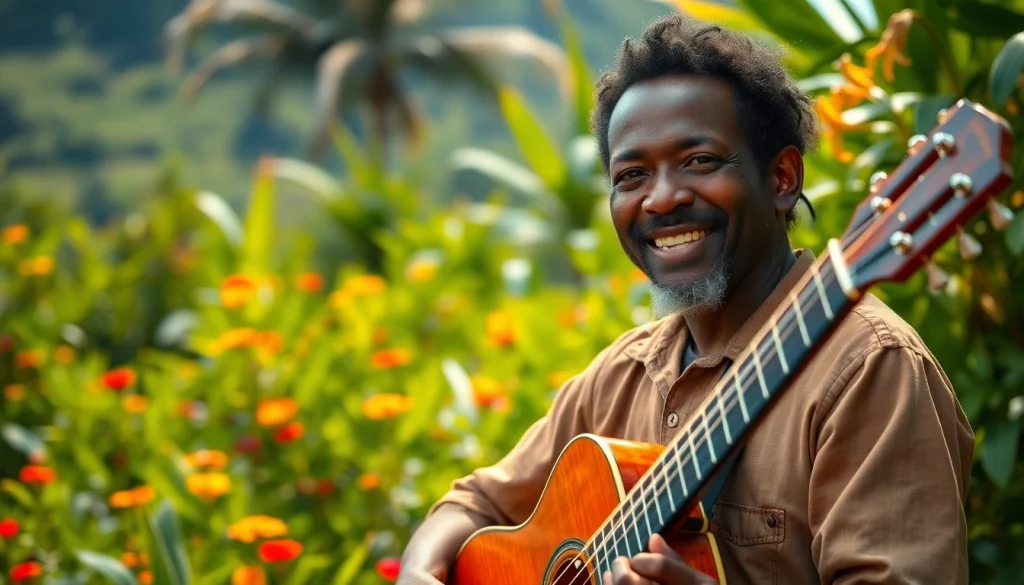 Leroy Silver performing passionately in a colorful Jamaican landscape.
