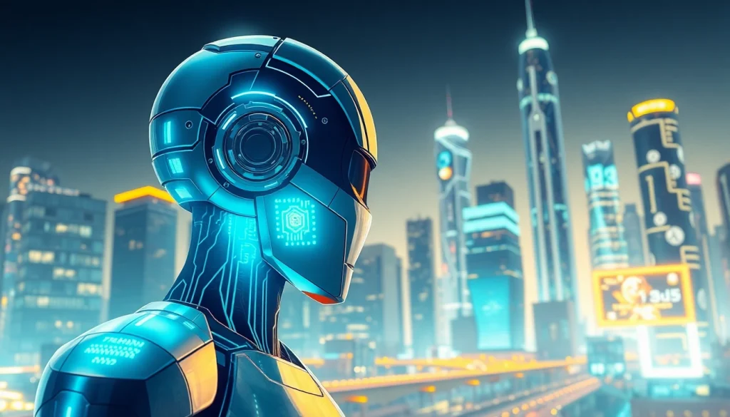 Engaging representation of Technology with a futuristic robot amid an innovative city skyline.
