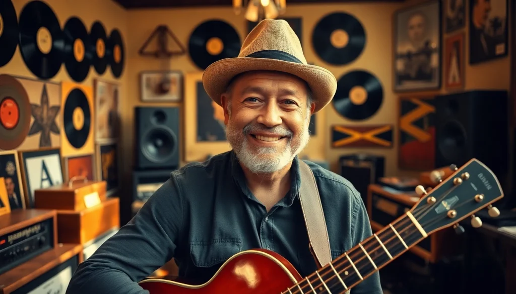 Leroy Silver, a talented musician, plays guitar in a vintage recording studio filled with instruments.