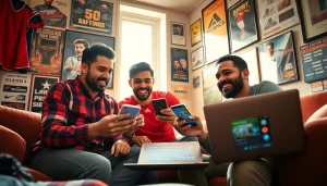Engaged users exploring sports betting sites India with mobile apps and laptops in a vibrant atmosphere.