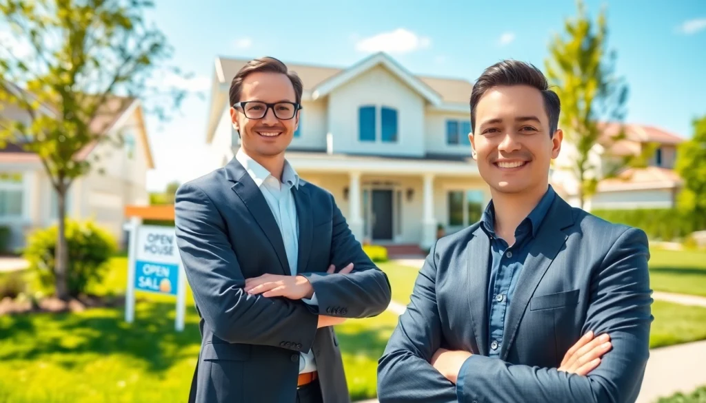 Real Estate agent presenting a modern house with bright lawn and professional atmosphere.