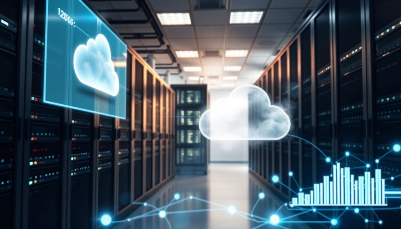 Illustration of hybrid cloud solutions showcasing interconnected servers and cloud infrastructure.