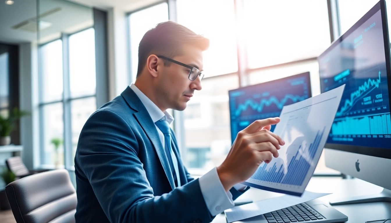 Analyze investment management San Antonio trends with a professional financial adviser in a modern office.