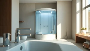 Cabine de douche moderne et élégante sirhona fr avec miroir LED et éclairage doux.