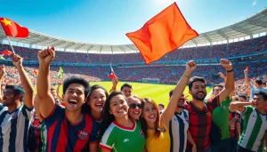 축구중계를 즐기는 열정적인 팬들이 경기장에서 환호하는 모습