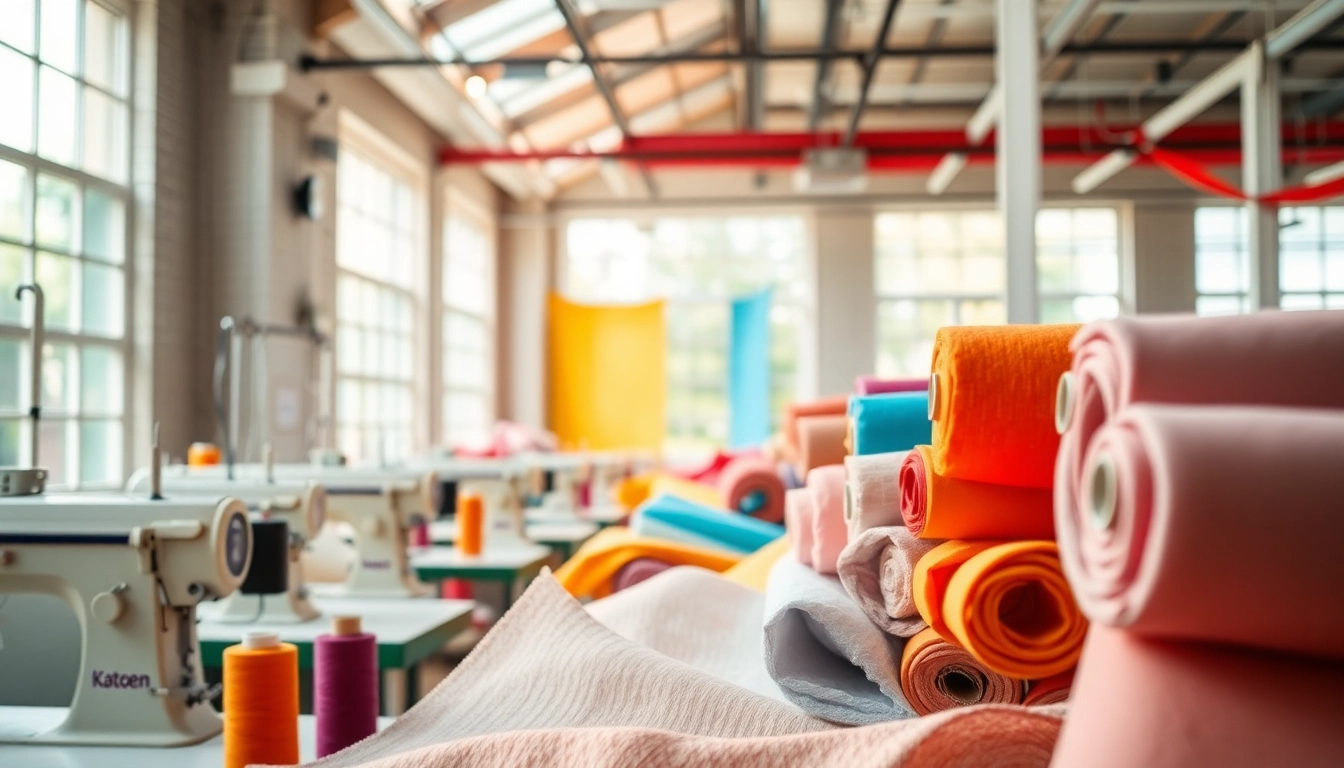 Katoen stof in levendige textielwerkplaats met kleurrijke rollen en garen.