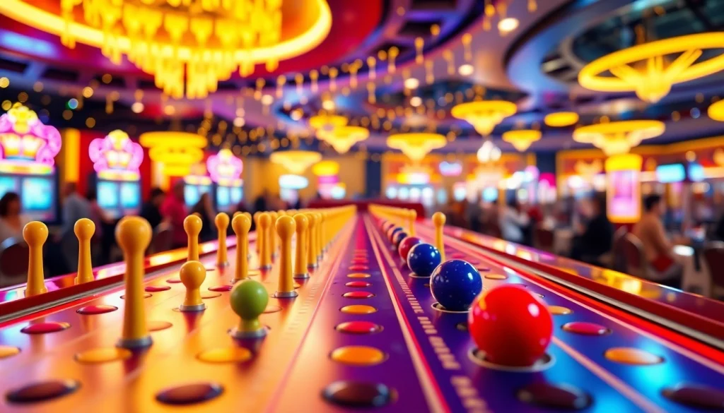 Slot plinko menampilkan bola berwarna cerah jatuh di papan pin yang menegangkan.