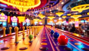 Slot plinko menampilkan bola berwarna cerah jatuh di papan pin yang menegangkan.